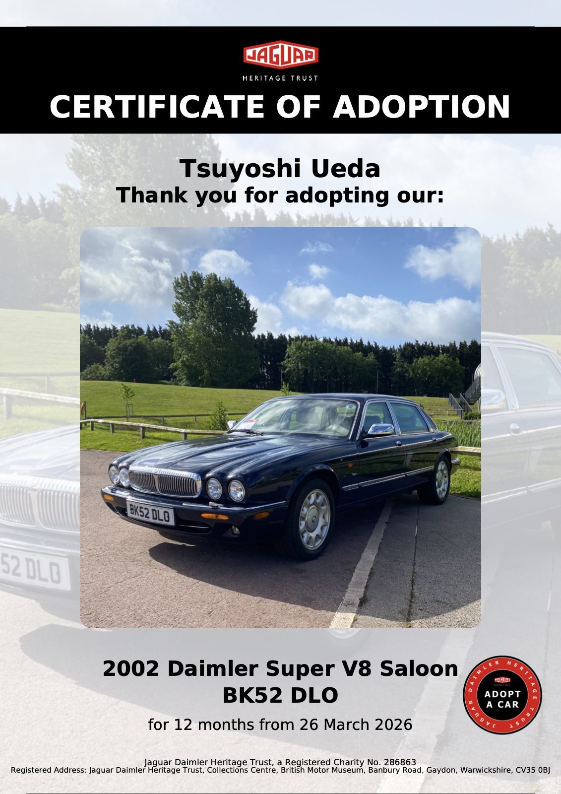 Jaguar Heritage Trust の里親証明書。2002 Daimler Super V8 Saloon（BK52 DLO）、Tsuyoshi Ueda 名義、2026年3月26日から12ヶ月